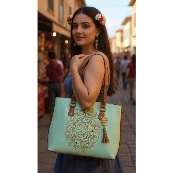 Handmade Handbags - Sugar Skull AQUA Blue Embossed Tooled Artisan Bag Purse Tote Bolsa Artesana